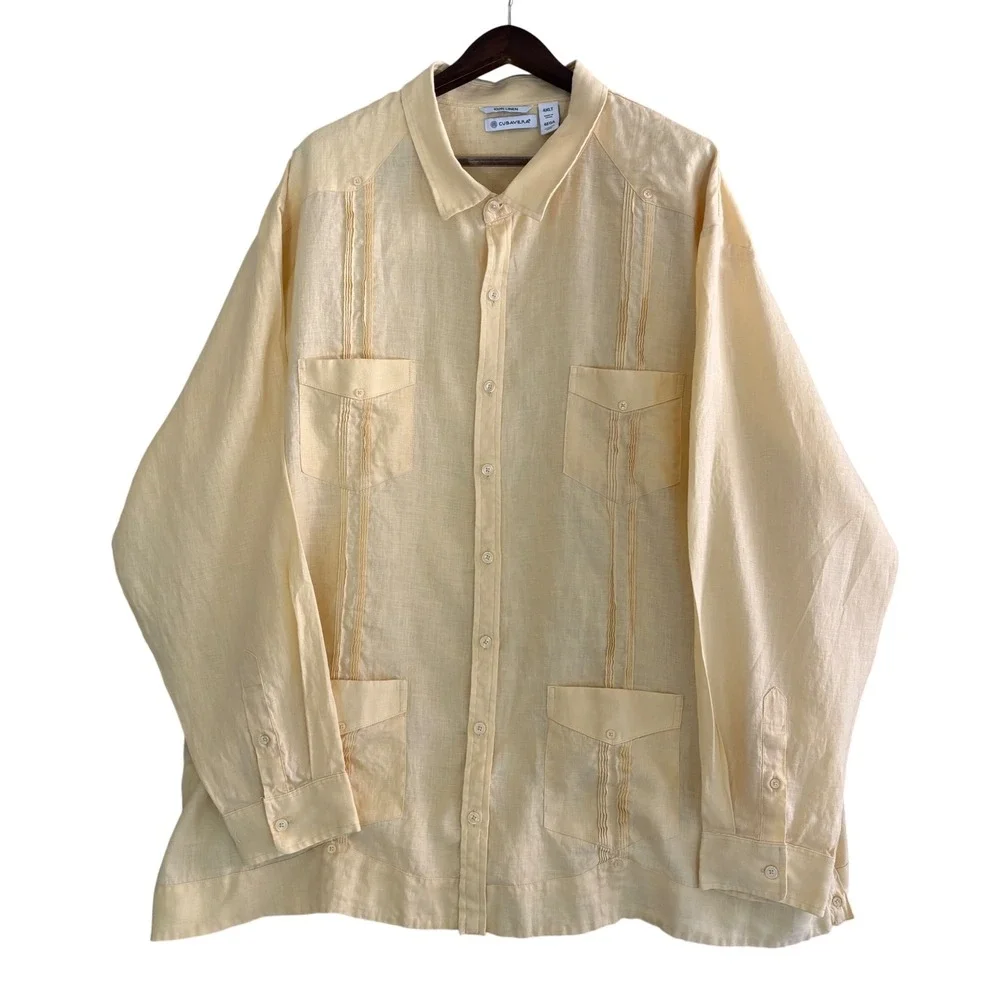 Cubavera Guayabera Shirt Men 4XLT Yellow Linen Long Sleeve Pintuck Coastal Boho